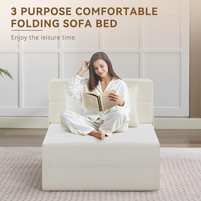 WUTUTUEE Folding Sofa Bed Convertible Floor Couch Foldable Chair Bed with Pillow，Linen Sleeper Chair Futon,Foldable Memory Foam Mattress for Bedroom/Living Room/Dorm/Office (Beige, Single)