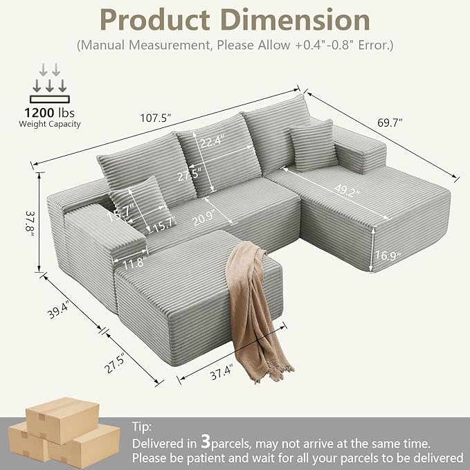 Lakifun 107" U-Shape Cloud Couch, Modern Modular Sectional Comfy L-Shape Sofa with Ottoman, Deep Seat, Upholstered Corduroy Sleeper Chaise Longue for Living Room Bedroom, No Assembly Required, Grey