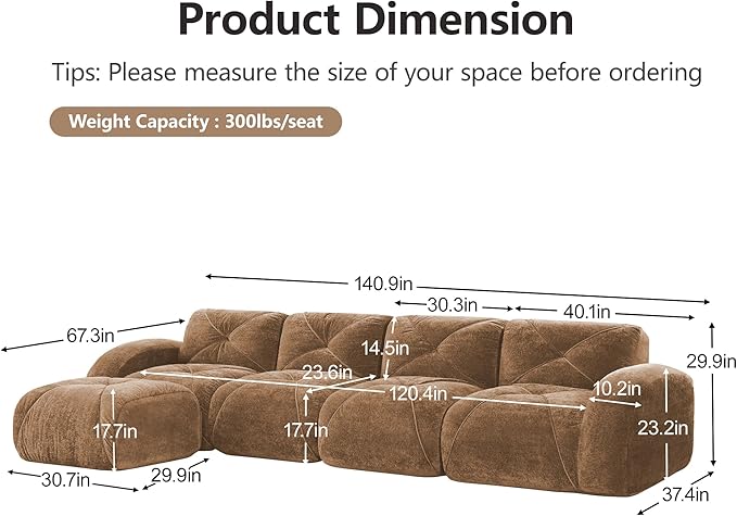 Modular Sectional Sofa with Free Combination,Oversized Boneless Floor Couch for Living Room & Lounge,Velvet 4-Seater Sectional Couch with Ottoman,No Assembly Needed