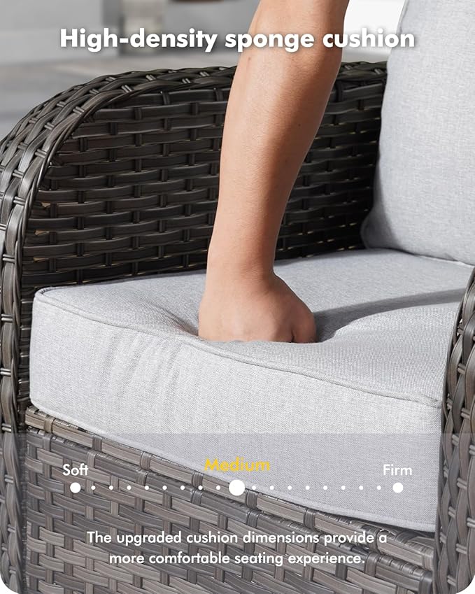 7-Piece Wicker Patio Furniture Set, All-Weather Rattan Conversation Bistro Loveseat Chair and Patio Rockers Set for Backyard, Balcony and Deck with Soft Cushions and Metal Table(Grey)