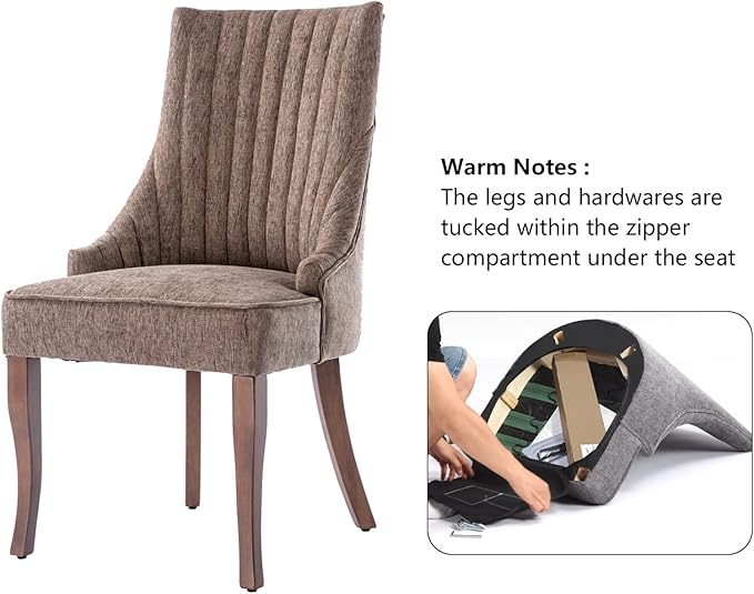 mikibama Linen Dining Chairs Set of 2 Channel Tufted Kitchen Dinner Chair Comfy Fabric Upholstered Accent Chair for Dining Room with Solid Wood Legs (Brown)