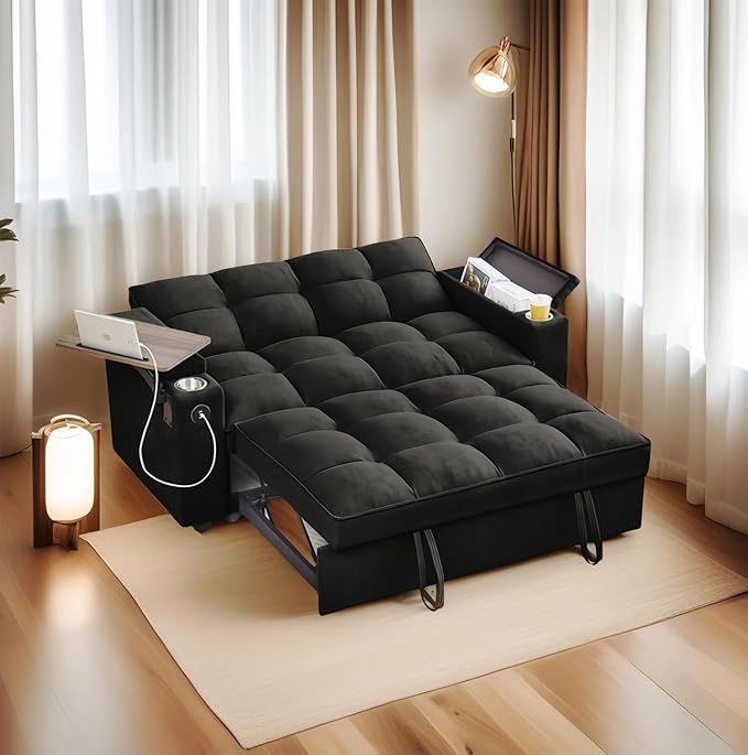 oaaktu ﻿ 65''Convertible Sleeper Sofa Bed,3-in-1 Pull Out Couch Bed with 360 Degree rotatable Side Table and USB Ports for Living Room,RV (07Black)