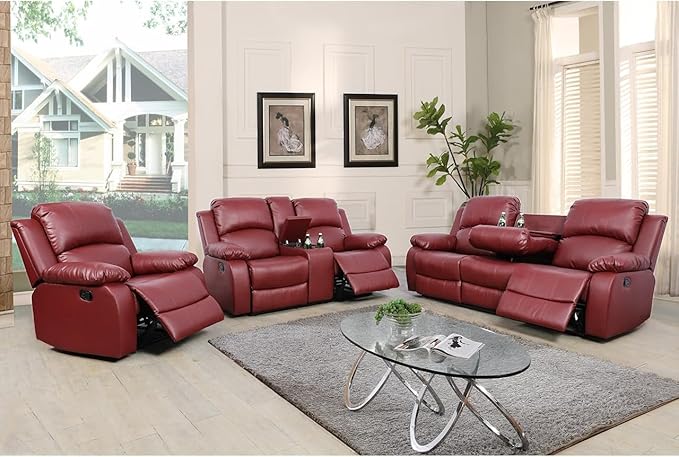 AYCP Bonded Leather 3 Pieces Reclining Sofa Set (Loveseat, Sofa) with Storage and Dropdown Coffee Tables, Red