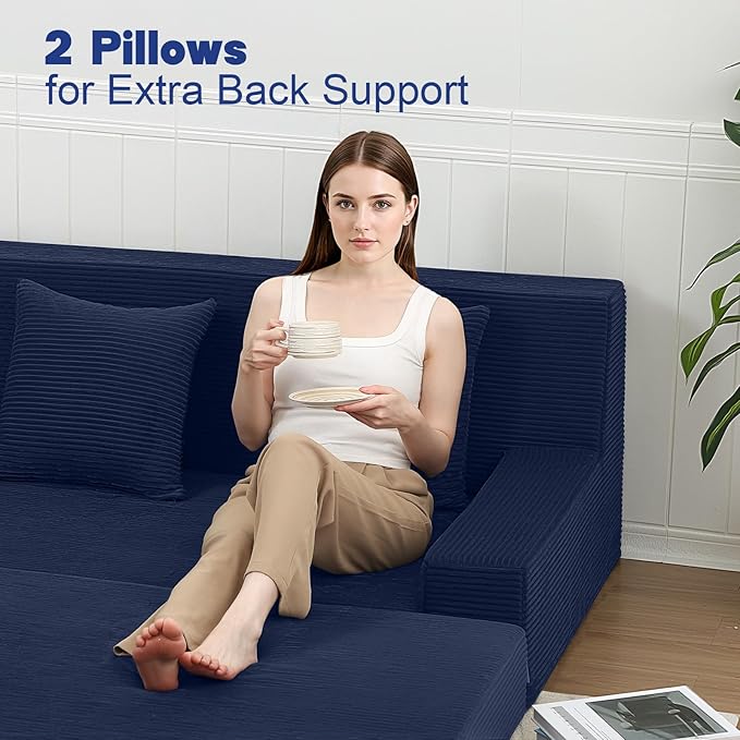 MeMoreCool Folding Sofa Bed Queen Corduroy Convertible Sleeper Chair – 2‑in‑1 Floor Sofa to Queen‑Size Bed | High‑Density Foam with Pillows | Removable Machine‑Washable Covers