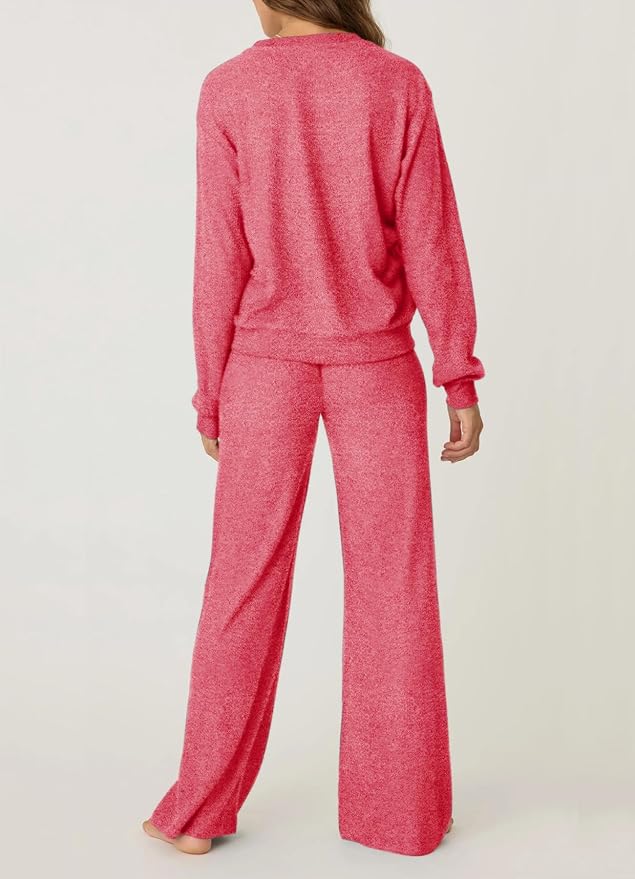 Aamikast Women's 2-Piece Lounge Set Soft Brushed Jersey Sleepwear Pajamas Set Long Sleeve Top & Wide Leg Pants