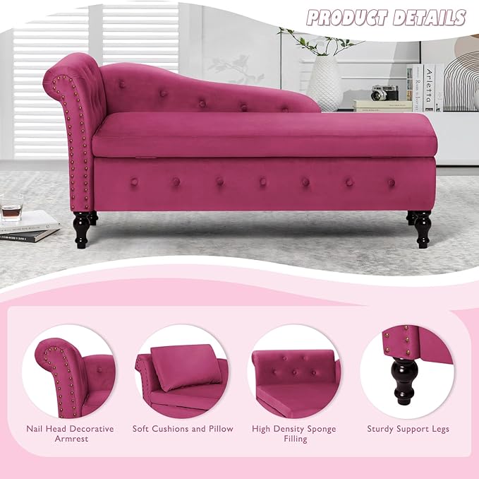 ACMEASE Velvet Chaise Lounge with Left Armrest & Storage Space,Button Tufted Lounge Chair w/Lumbar Pillow,Modern Upholstered Lounge Chair for Bedroom, Living Room and Office, Fuchsia