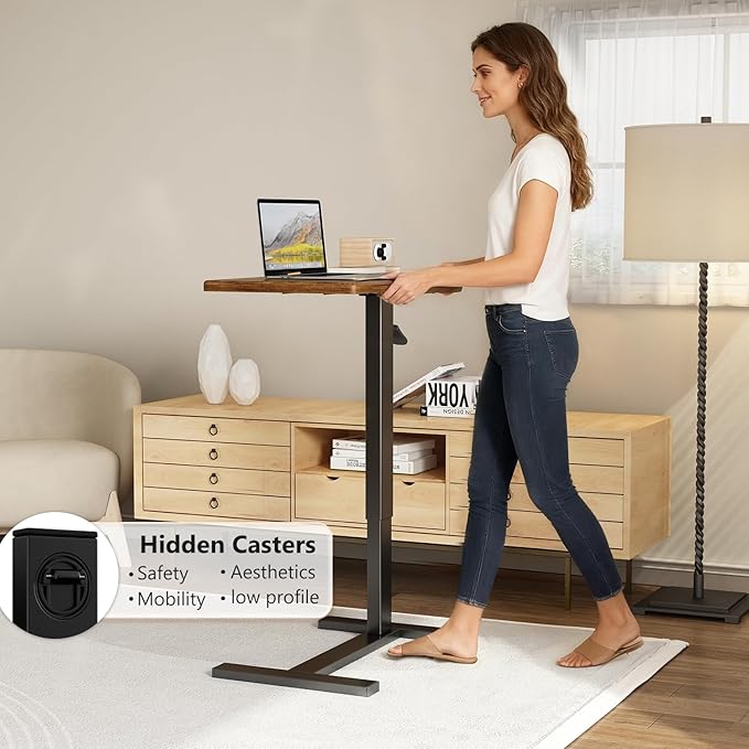 Overbed Bedside Table with Wheels Adjustable Hospital & Home Use Bed Table Rolling Movable Laptop Mobile Standing Desk Pneumatic Computer Cart Waterproof L-Shaped Steel Base Tray Tables,Brown