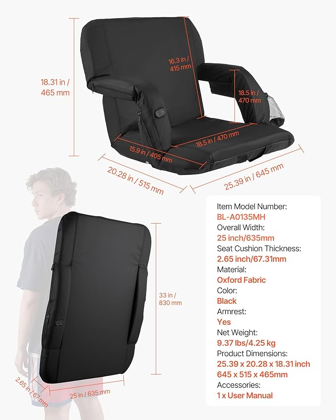 VEVOR Stadium Seat, 25 inch Heated Stadium Chair, Bleacher Seat Heated with 4 Pockets for Bleachers, 3 Level Heating & 6 Modes Vibration Portable Heating Stadiums Chair for Camping, Sports Events