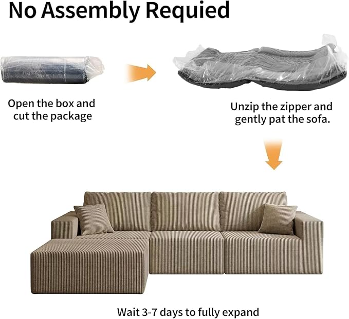 110" Cloud Boneless Sectional Sofa for Living Room, No Assembly Modular L-Shaped Couch with Deep Seat, Frameless Corduroy Upholstery, Grey, 3-Seater Right-Facing Chaise