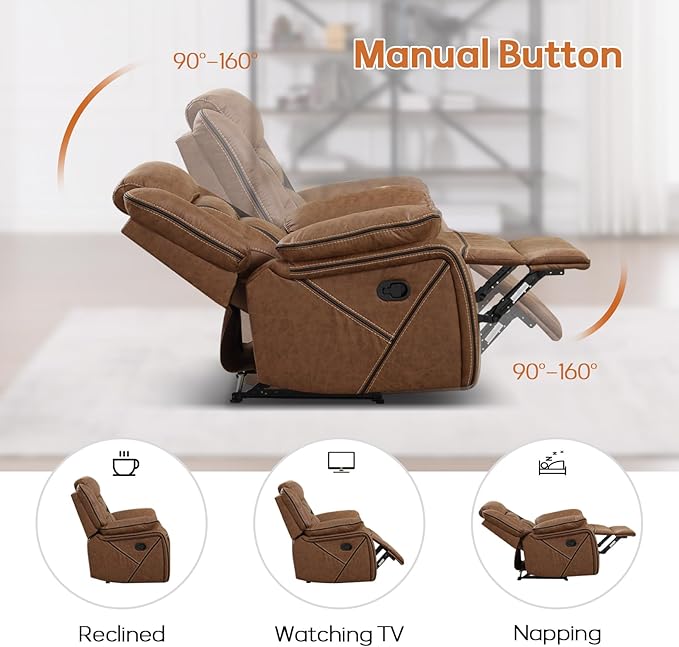 EBELLO Faux Leather Manual Loveseat Recliner, 2 Seat Reclining Sofa Chair with Center Console, Hidden Storage and Cup Holders, Daul Recliner for Living Room, Meeting Room, Brown (Loveseat)