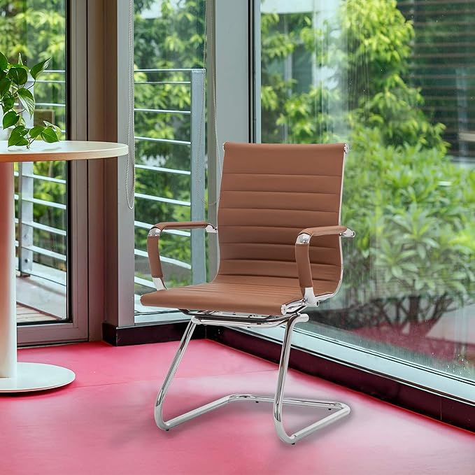 DM Furniture Office Desk Chair Set of 6,No Wheels PU Leather Computer Chairs Mid Back Guest Chairs with Seld Base for School/Reception/Conference/Waiting Room,Cafe