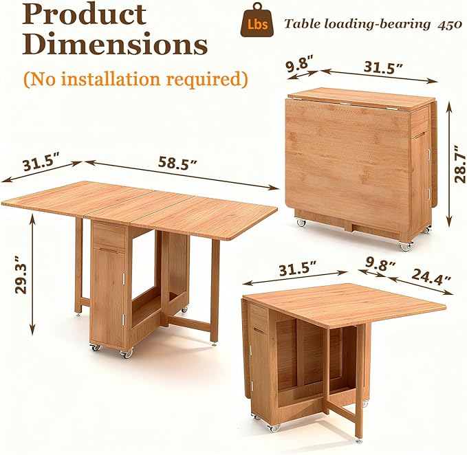 Folding Drop Leaf Dining Table with 2 Storage Space and 4 Lockable Wheels, Convertible Dining Table cart for Small Spaces Dining Room. (Wood)