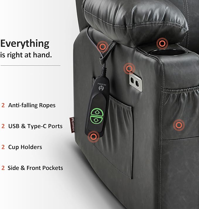 MCombo Large Power Lift Recliner Chair for Elderly, Lift Chair with Heat and Massage for Tall People, Extended Footrest, USB & Type C Ports, Cup Holders, Faux Leather 7516 (Large, Grey)