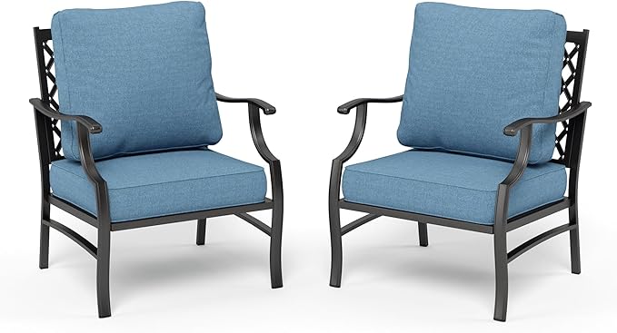 HERA'S HOUSE Outdoor Chairs Set of 2, 2 x Patio Chair with Navy Blue Cushions, All Weather Outdoor Furniture for Lawn Garden Backyard Deck(Leg Chairs)