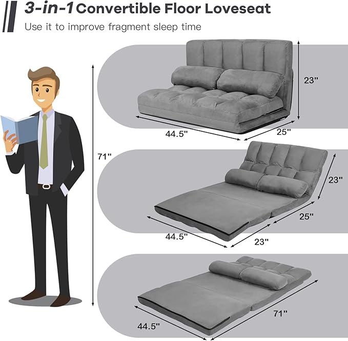 KOMFOTT Adjustable Floor Sofa Bed, Foldable Lazy Sofa Sleeper with 6 Position Backrest & 2 Pillows, Convertible Futon Couch with Suede Cloth Cover, Lounge Recliner for Living Room