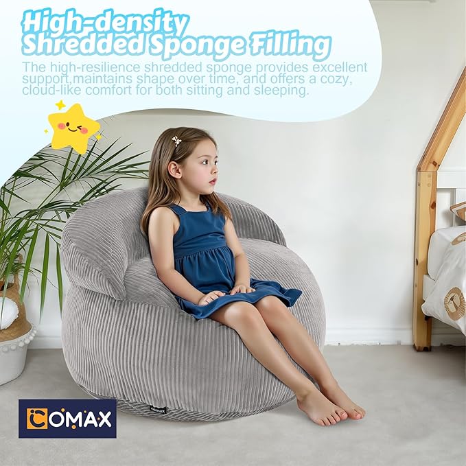 COMAX Bean Bag Chair for Kids, Convertible Toddler Beanbag Bed Corduroy, Children Bean Chair Stuffed to Floor Mattress with Filler, Light Grey
