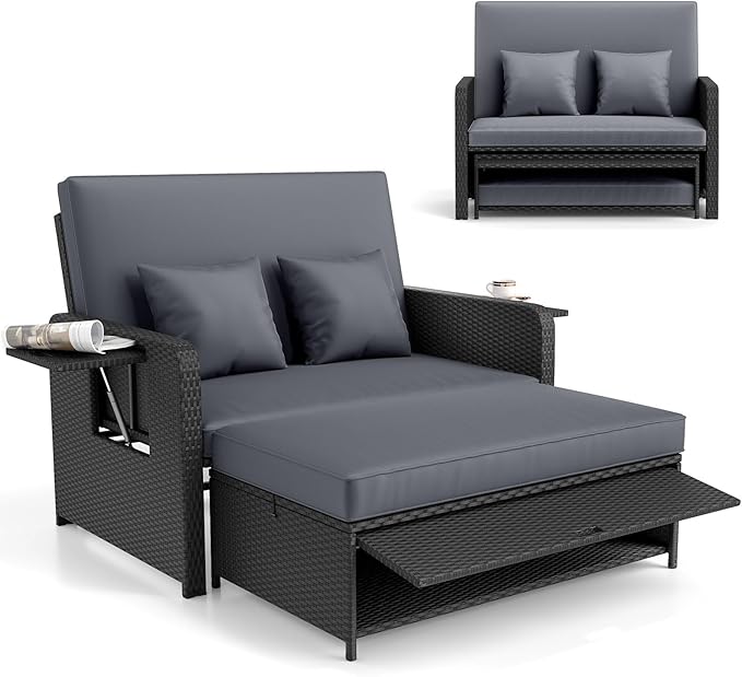 RELAX4LIFE Wicker Patio Outdoor Daybed - Rattan Day Bed Lounger w/Loveseat & Storage Ottoman, Sunbed Sofa Set w/Cushions, 4-Level Adjustable Backrest & 2 Retractable Trays, Patio Daybed (Grey-Black)