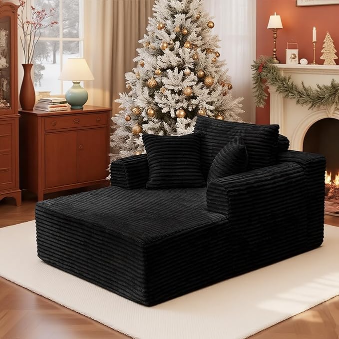 Oversized Chaise Lounge Chair Indoor, Upholstered Single 61'' Round Arm Boneless Cloud Sofa Bed Sleeper Couch, No Assembly Faux Rabbit Fur Memory Foam Reading Chair for Living Room Bedroom Black