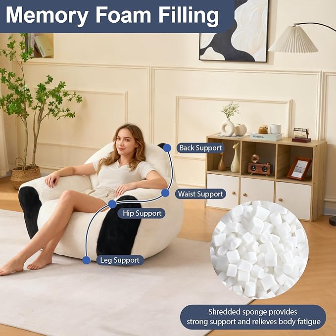 Bean Bag Chair, Giant Bean Bag Couch with Filler, Ultra Soft Faux Fur Floor Sofa for Adults and Kids, Stuffed Big Lazy Sofa for Bedroom Dorm Reading, Beige