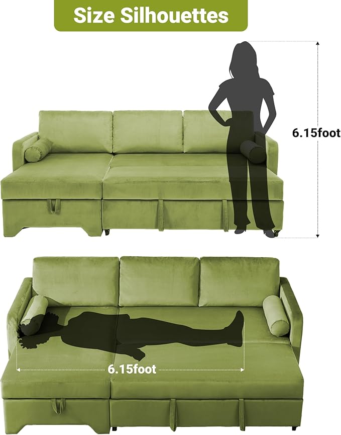 Tbfit 90.6'' 3 in 1 Sleeper Sofa Couch with Storage Chaise, Velvet Sofa Bed with Pull Out Bed, Convertible Sleeper Sofas for Living Room, Small Spaces, Green