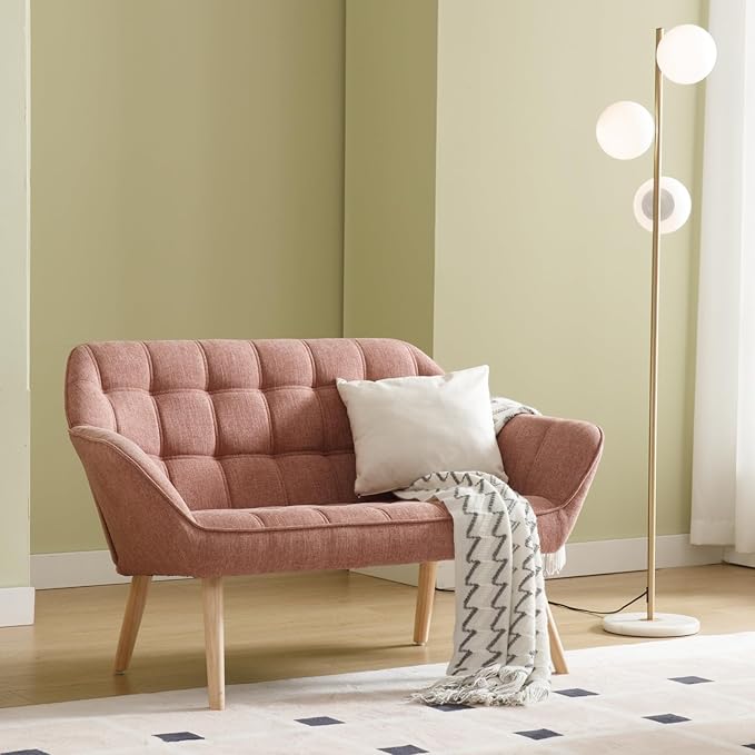 48" Small Loveseat Sofa, Mid Century Modern Linen Love Seat with Wood Legs 2-Seat Sofa Couch Tufted Wingback Upholstered Sofa Chair for Living Room Bedroom Apartment, Pink