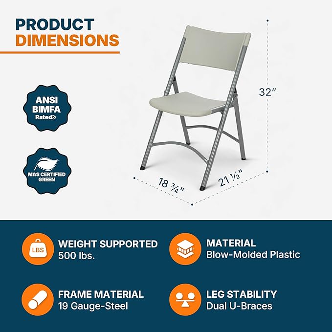 OEF Furnishings OEF600 Series High Back Folding Chairs, Blow-Molded Polyethylene Commercial-Grade Seating for Indoor and Outdoor Use, 500 lb Weight Capacity, 4-Pack (Light Gray)