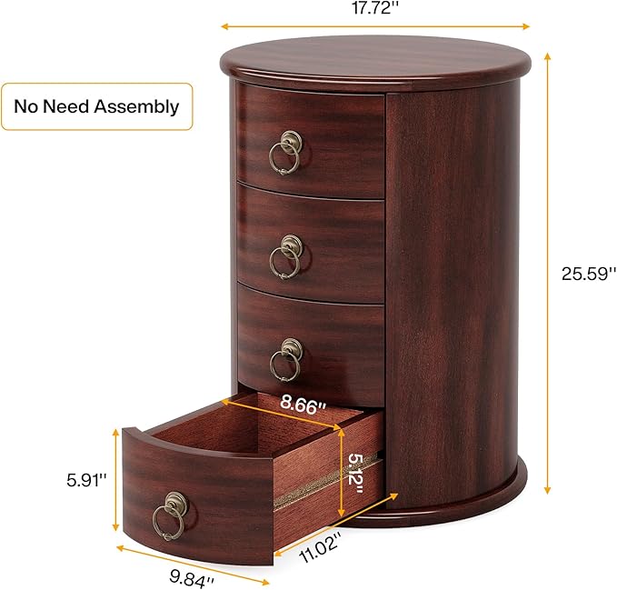 Tribesigns Solid Wood End Table Set of 2, Round Side Table with 4 Drawers, Vintage Bedside Table Nightstand for Small Spaces, Living Room, Bedroom, No Assembly Required (2, Cherry Brown)