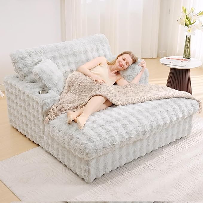 52.5 Inch Oversized Chaise Lounge Chair Indoor, Faux Fur Upholstered Sleeper Couch, Ergonomic Deep Seat Sleeper Sofa with Plush Pillows, Cup Holders, USB Port,Reading Chairs for Living Room/Light Grey