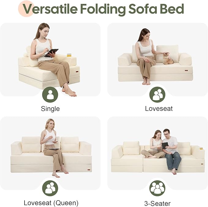 COMAX Folding Sofa Bed, Foldable Couch for Bedroom, Corduroy Convertible Floor Sleeper Futon Chair Foam, 3 in 1 Fold Out Chair Portable Comfy Lounge Couch Single Sofa Bed for Small Space Guest Room