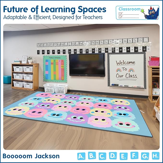 Booooom Jackson 7'6''x13' Pastel Plush Smileys Classroom Rug for Kids Room Seating Décor - Thick Nylon Large Preschool Carpet Daycare Rug for Teaching & Playroom, Non-Slip &No Triping,20X Stain Resist