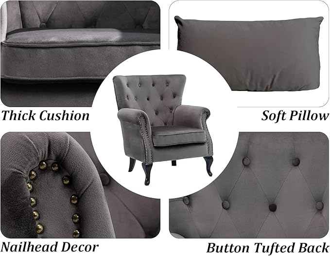 DM Furniture Set of 2 Mid-Century Modern Accent Chair, Velvet Armchair w/Tufted Back/Wood Legs, Upholstered Lounge Arm Chair Single Sofa for Living Room Bedroom, Grey