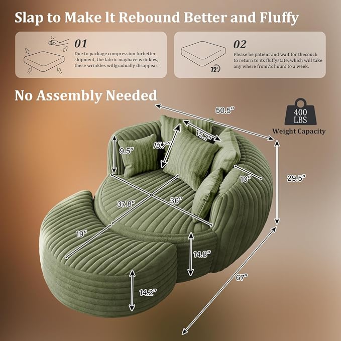 50" W Oversized Round Chaise Lounge Chair with Ottoman Indoor Boneless Plush Fluffy Corduroy Circle Couch Soft Comfy Cozy Cloud Reading Chair for Living Room, Playroom, Bedroom - Green