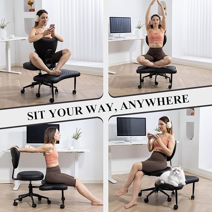 Sudwesto Ergonomic Cross Legged Chair, PU Leather 360° Upholstered Swivel Meditation Chair with Wheels, Comfy Criss Cross Desk Chair for ADHD with Height-Adjustable for Office (Black - PU)