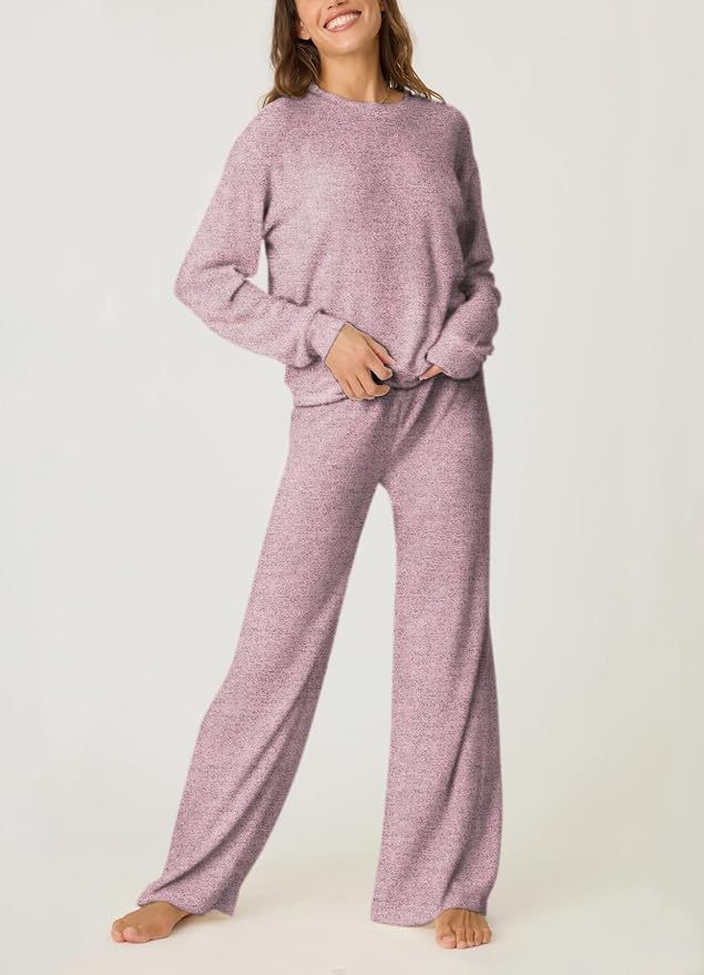 Aamikast Women's 2-Piece Lounge Set Soft Brushed Jersey Sleepwear Pajamas Set Long Sleeve Top & Wide Leg Pants