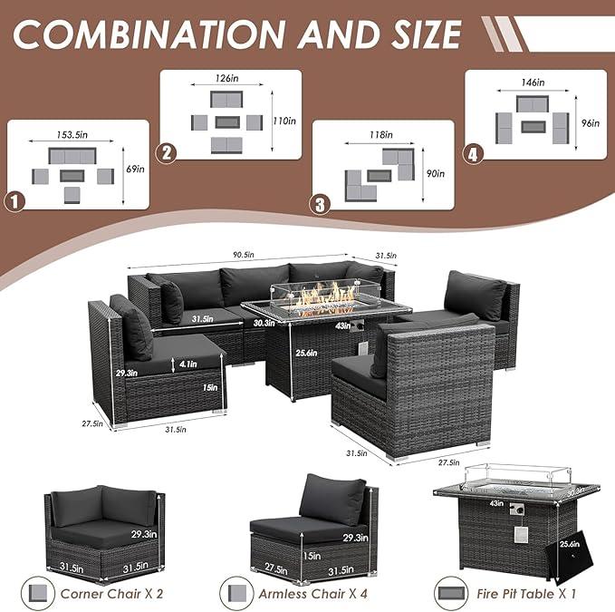 RADIATA 7 Piece Wicker Patio Furniture Set with Fire Pit, All-Weather Outdoor Sectional Couch High Back Large Size, Modular Backyard Seating Sofa Set with Propane/Natural Gas Firepit Table, Dark Gray