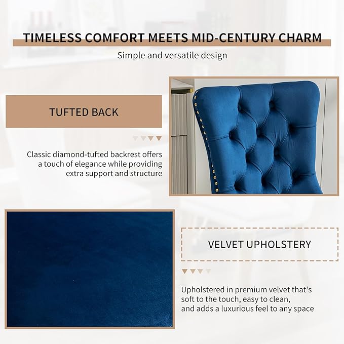 YeahFurn Mid Century Modern Dining Chairs Set of 8, Blue Velvet Upholstered Tufted Back, Kitchen & Dining Room Chairs, Gold Metal Legs, Nailhead Trim, Sillas para Comedor (Blue, 8 Pcs)