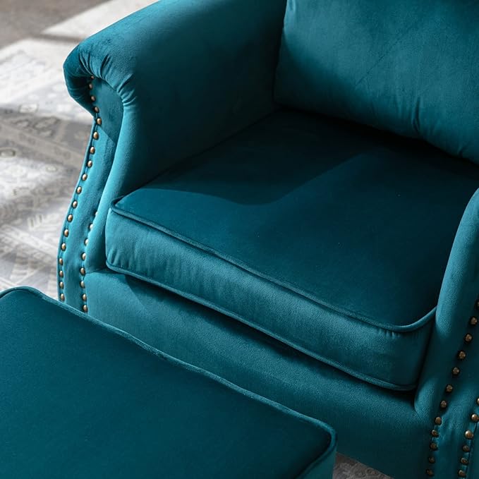 Janoray Mid Century Modern Accent Chair Upholstered Armchair Comfy Velvet Tufted Wingback Single Sofa with Ottoman for Bedroom Living Room, Teal