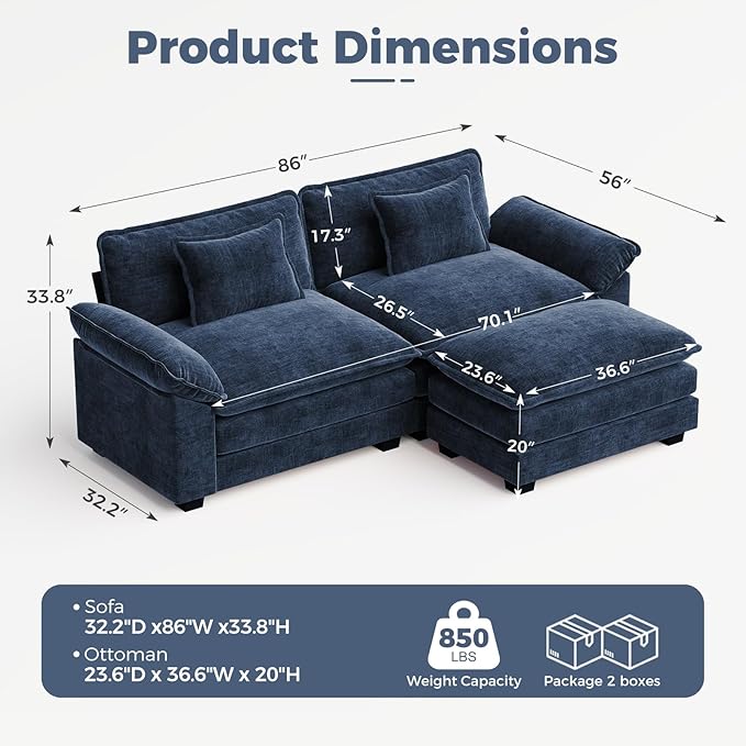 CDCASA 86" Modular Sectional Sofa, Comfy L-Shaped Cloud Couch with Movable Ottoman, 3-Seater Chenille Deep Seat Modern Sofa Couch for Living Room, DIY Combination, Blue
