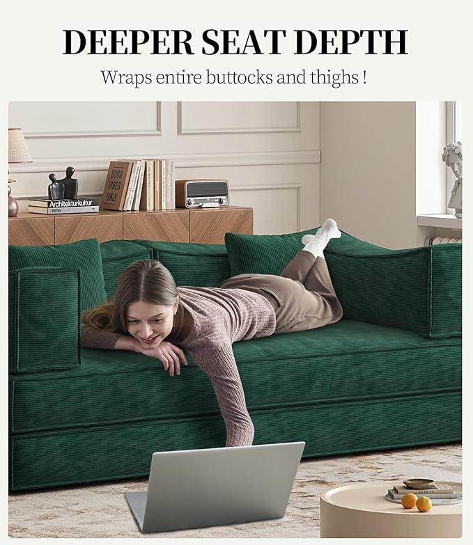 79" Convertible Sleeper Sofa Bed, Corduroy Folding Sleeper Couch with Fixed-Shape Frame, Boneless Couch for Living Room Bedroom, Floor Sofa Lounge No Assembly Required (Green)