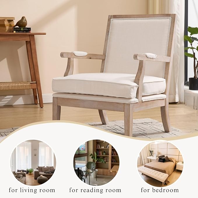 DM Furniture Accent Chair Set of 2 Mid-Century Modern Living Room Chair Linen Fabric Upholstered Lounge Armchair with Solid Wood Frame & Removable Cushion for Living Room, Bedroom, Balcony, Beige