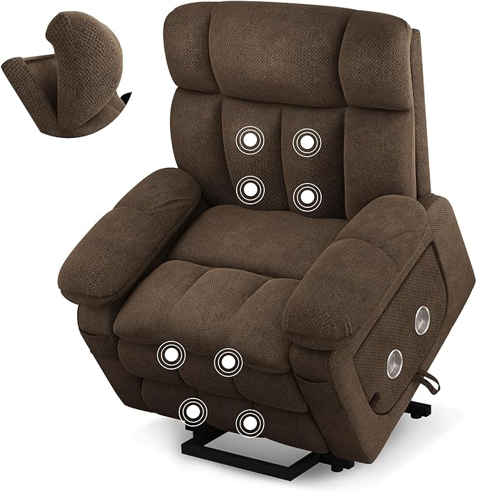 Dual Motor Power Lift Recliner Chair for Elderly with Adjustable Headrest,Extra Wide Recliner Chair with Massage,Lay Flat Recliner with Extended Footrest,Cup holder,Storebox,USB&Type-C Ports,Brown