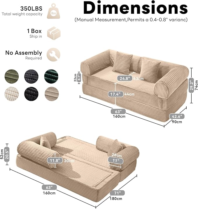 Tbfit 63'' Folding Boneless Couch, Convertible Loveseat Sofa Bed, Corduroy Futon Mattress Sleeper Sofa, Comfy Foldable Upholstered Floor Couches for Living Room, Khaki