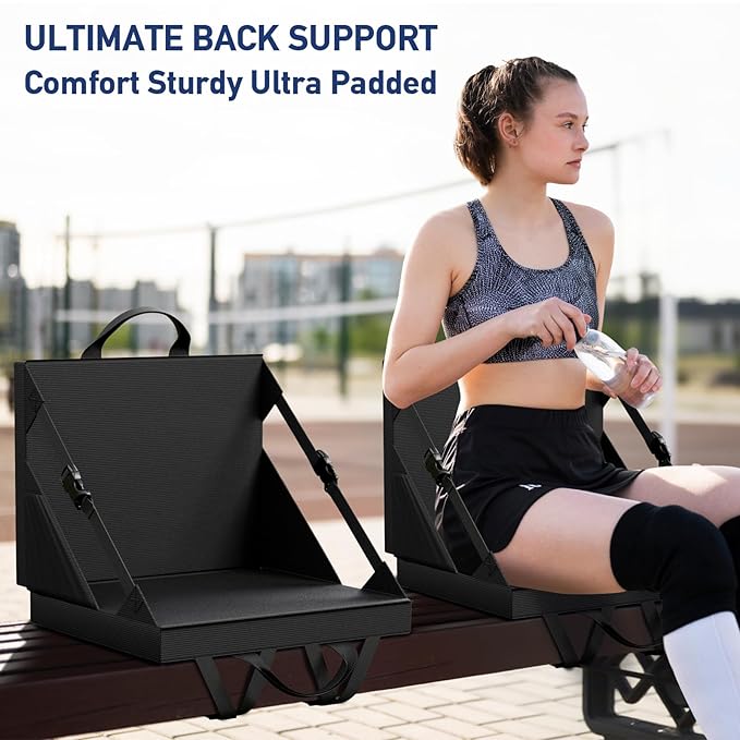 Stadium Seats with Back Support - Folding bleacher Chair for Beach and Camping - Portable Bleachers Cushions for Adults and Kids - Foldable Outdoor Lawn Bench for Camp (Black)