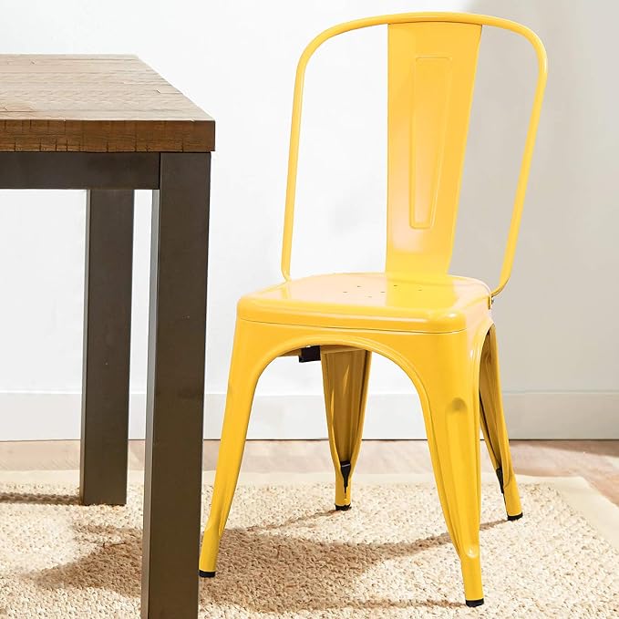 Devoko Metal Indoor-Outdoor Chairs Distressed Style Kitchen Dining Chairs Stackable Side Chair with Back Set of 4 (Yellow)