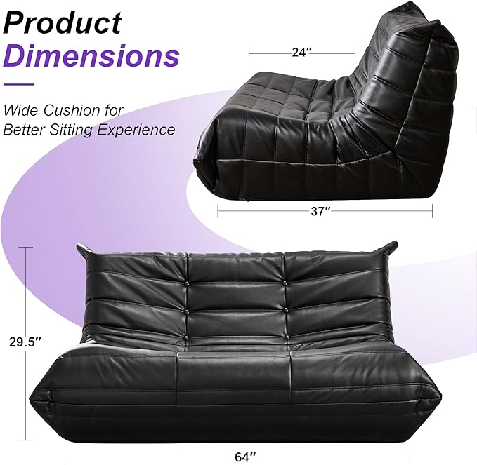 Hobestluk Bean Bag Chair Giant Bean Bag Sofa 2 Seater Bean Bag Chairs for Adults, Loveseat Floor Chair, Leather Bean Bag Chairs for Living Room Bedroom Dorm (Black, Loveseat)