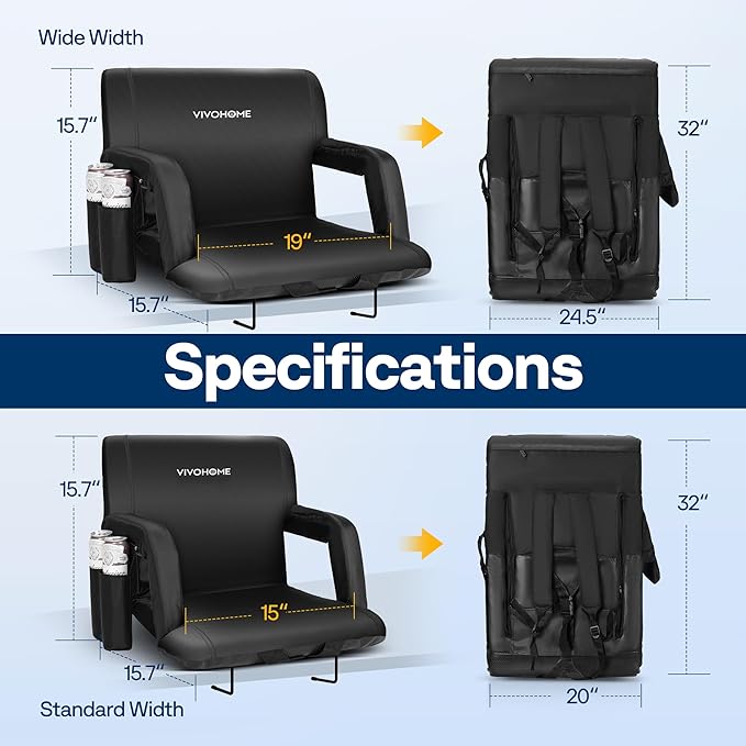 VIVOHOME Wide Reclining Stadium Seats with Back Support and Cushion, 2 Pack Portable Padded Bleacher Chairs with Armrest and Cup Holder, Comfortable for Various Sports Events