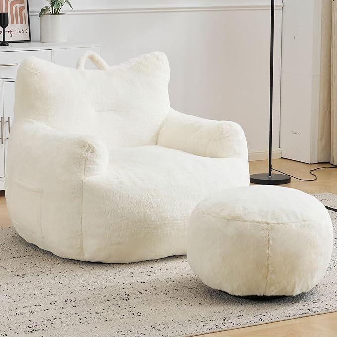 Giant Bean Bag Chair for Adults with Ottoman, Oversized Bean Bag with Filling Plush Fluffy,BeanBag Lazy Sofa Couch with Armrest for Living Room, Stuffed Floor Sofa with Sidepocket for Bedroom, Beige