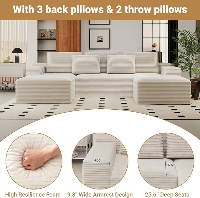 KAPEETOO U Shaped Boneless Sectional Couch with Chaise Ottoman, Giant Cloud Modular Sectional Sofa with Deep Seat, Oversize 3-Seater Boneless Couch for Living Room Bedroom Left Facing Chaise (White)