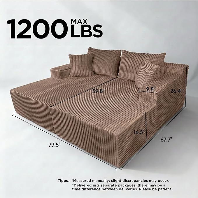 Sytopia Loveseat Chaise Lounge with Armrests, Oversized Sofa Bed with 4 Pillows, Cozy Boneless Sleeper, Modular Sectional Couch for Living Room Bedroom, Floor Chair Furniture sala Corduroy