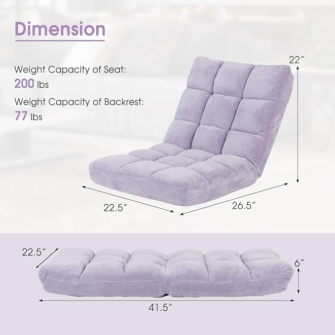 ARLIME Adjustable Floor Chair, 14-Position Lazy Sofa Chair with Back Support & Thick Padding, Portable Foldable Floor Couch for Adults, Kids, Use in Bedroom, Living Room, Home Theater (Light Purple)